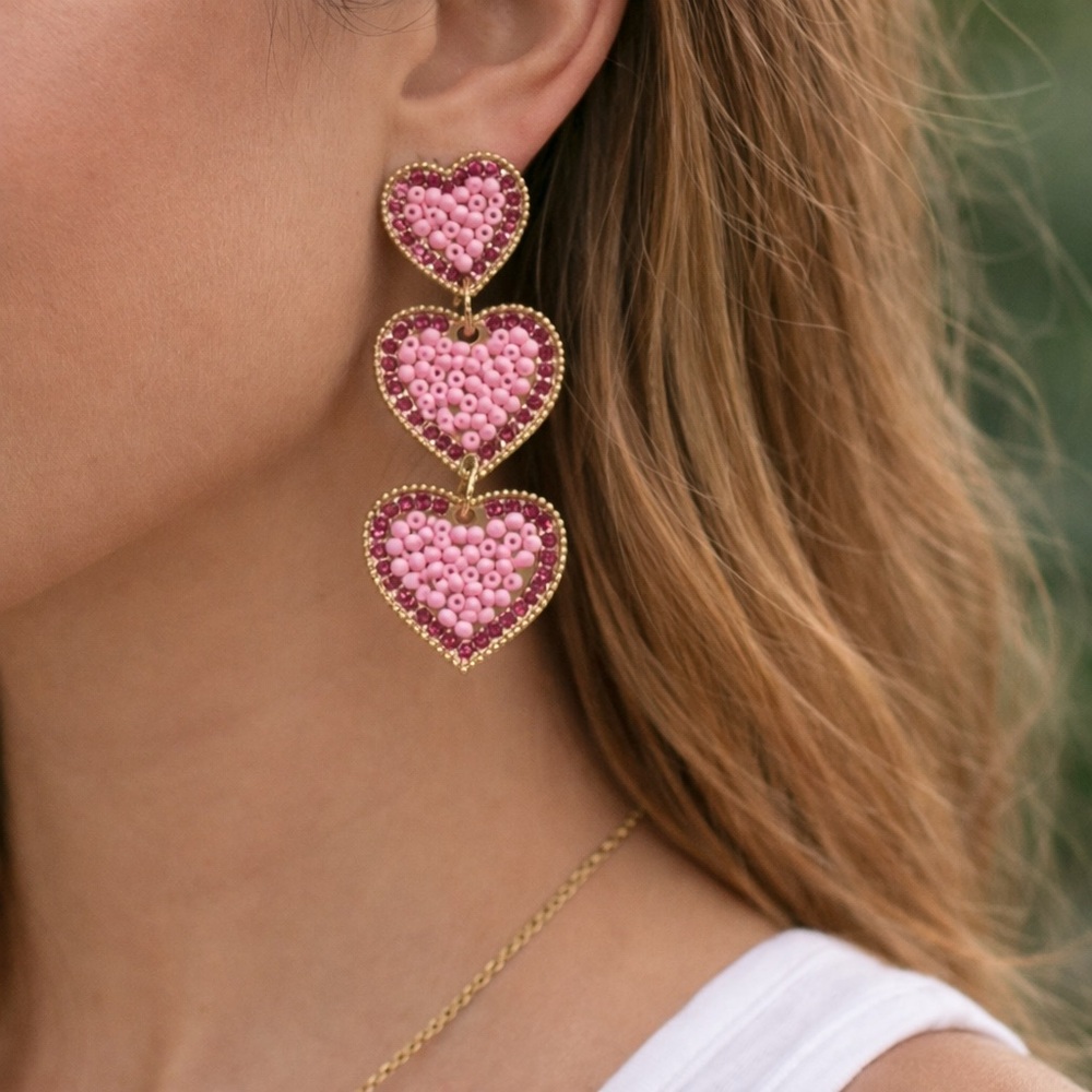 NWOT Rampage Pink & Gold Triple Heart Beaded Drop Earrings